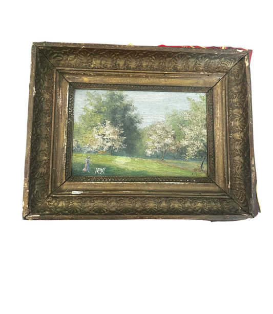 Early 20th C French Plein-Air Landscape of Park with Young Woman and Dog (Signed A and Dated 1925)
