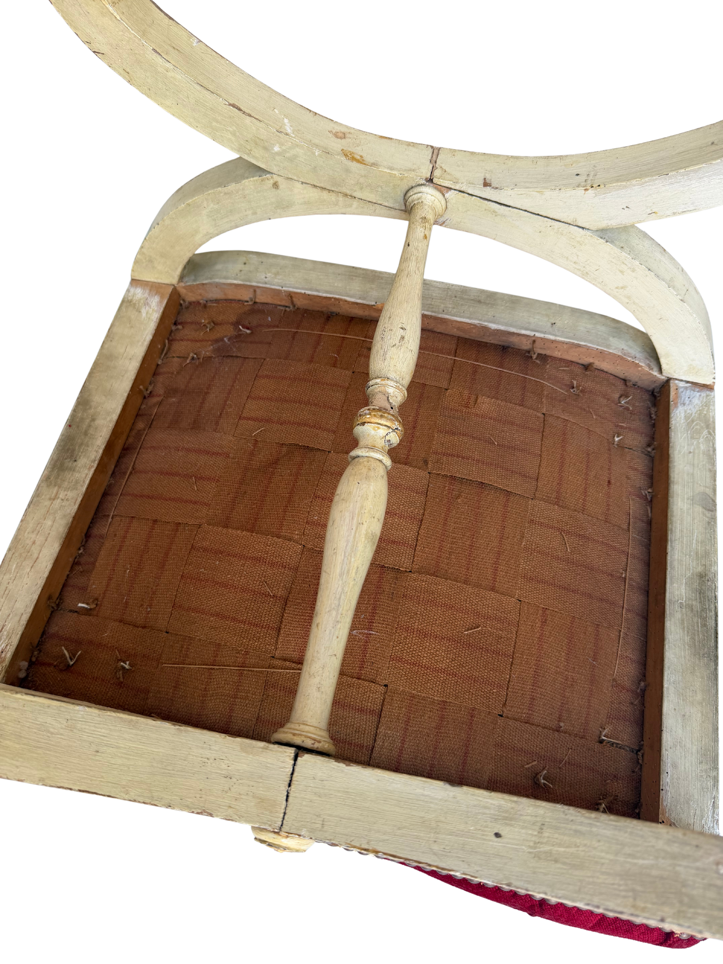 Antique Continental Painted X-Frame Curule Stool with Embroidered & Tufted Velvet Seat, Late 19th Century