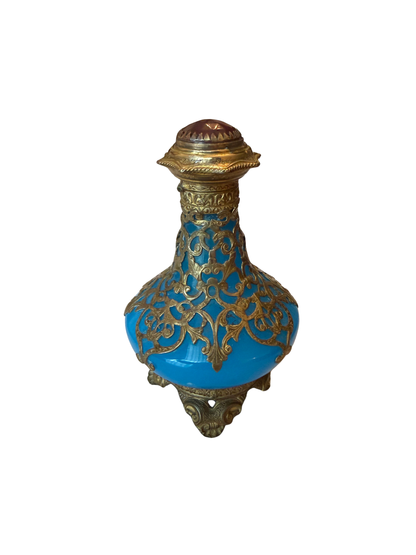 Blue Opaline Perfume Bottle with Gold Caging and Red Jewel