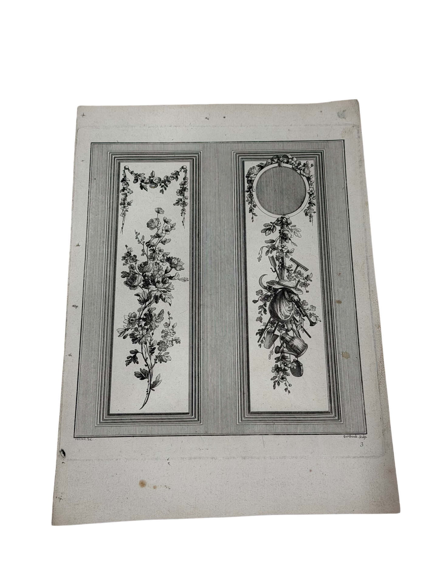 18th-Century French Ornamental Engraving Plate with Floral and Garden Trophy Panels