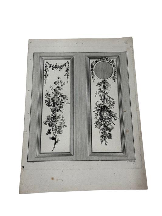 18th-Century French Ornamental Engraving Plate with Floral and Garden Trophy Panels