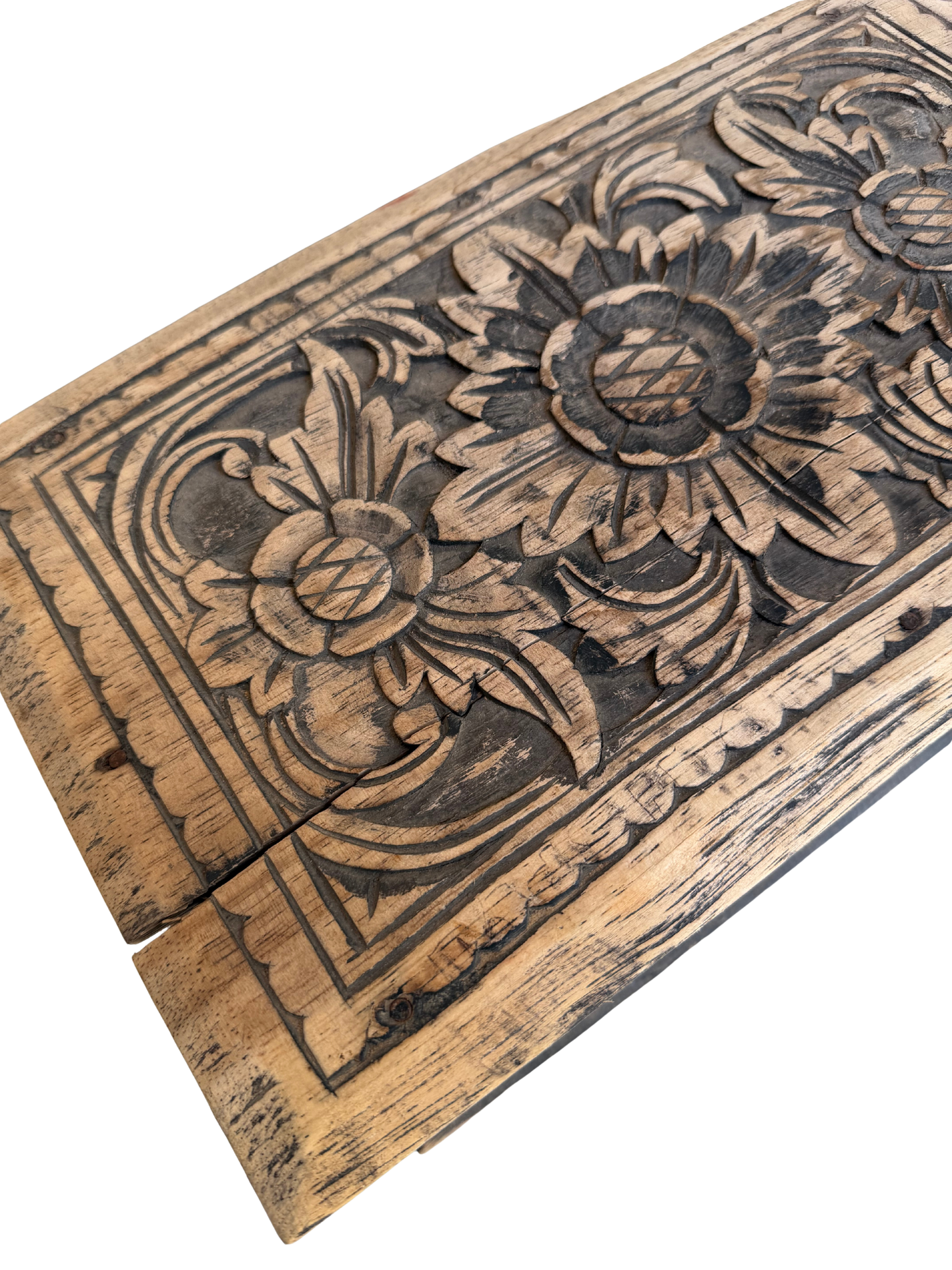 Vintage Indian/Folk Art Hand-Carved Floral Wood Storage Chest with Distressed Ebonized Finish