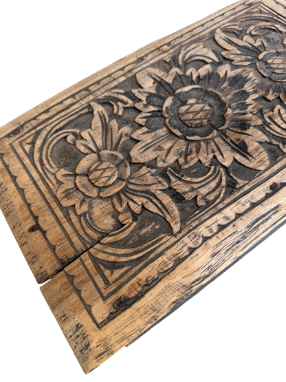 Vintage Indian/Folk Art Hand-Carved Floral Wood Storage Chest with Distressed Ebonized Finish