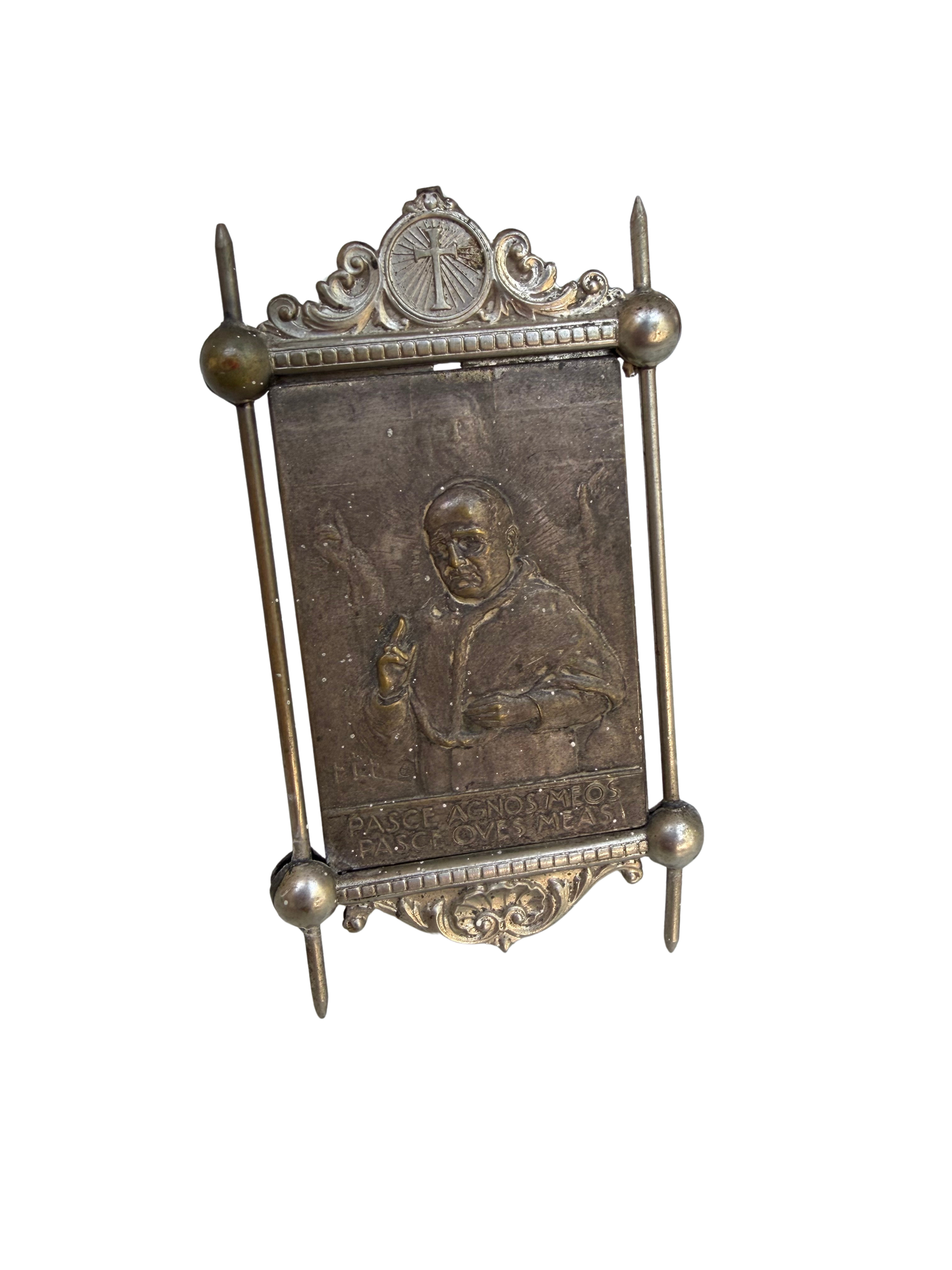 Antique Continental Silvered Metal Devotional Plaque of Pope Pius XI, “Pasce Agnos Meos, Pasce Oves Meas,” Circa 1920s–1930s