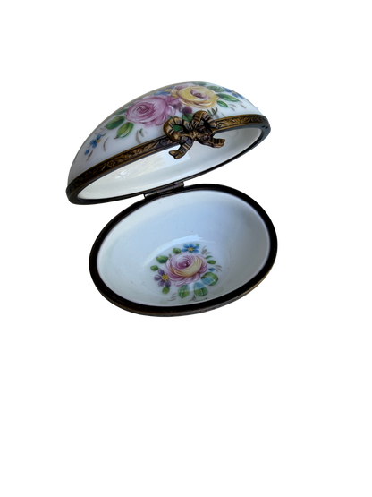 Vintage French Limoges Hand-Painted Porcelain Floral Egg Trinket Box with Gilt Mounts
