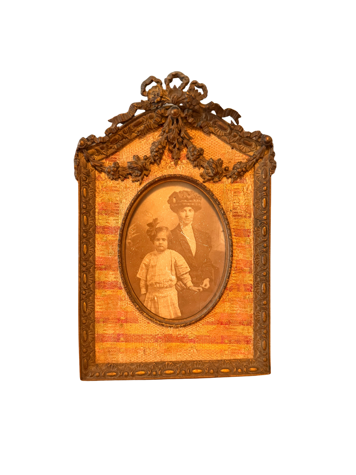 French Louis XVI Style Bronze Easel Photograph Frame with Brocade Mat