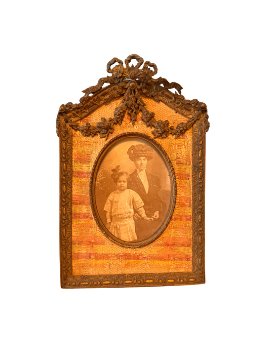 French Louis XVI Style Bronze Easel Photograph Frame with Brocade Mat