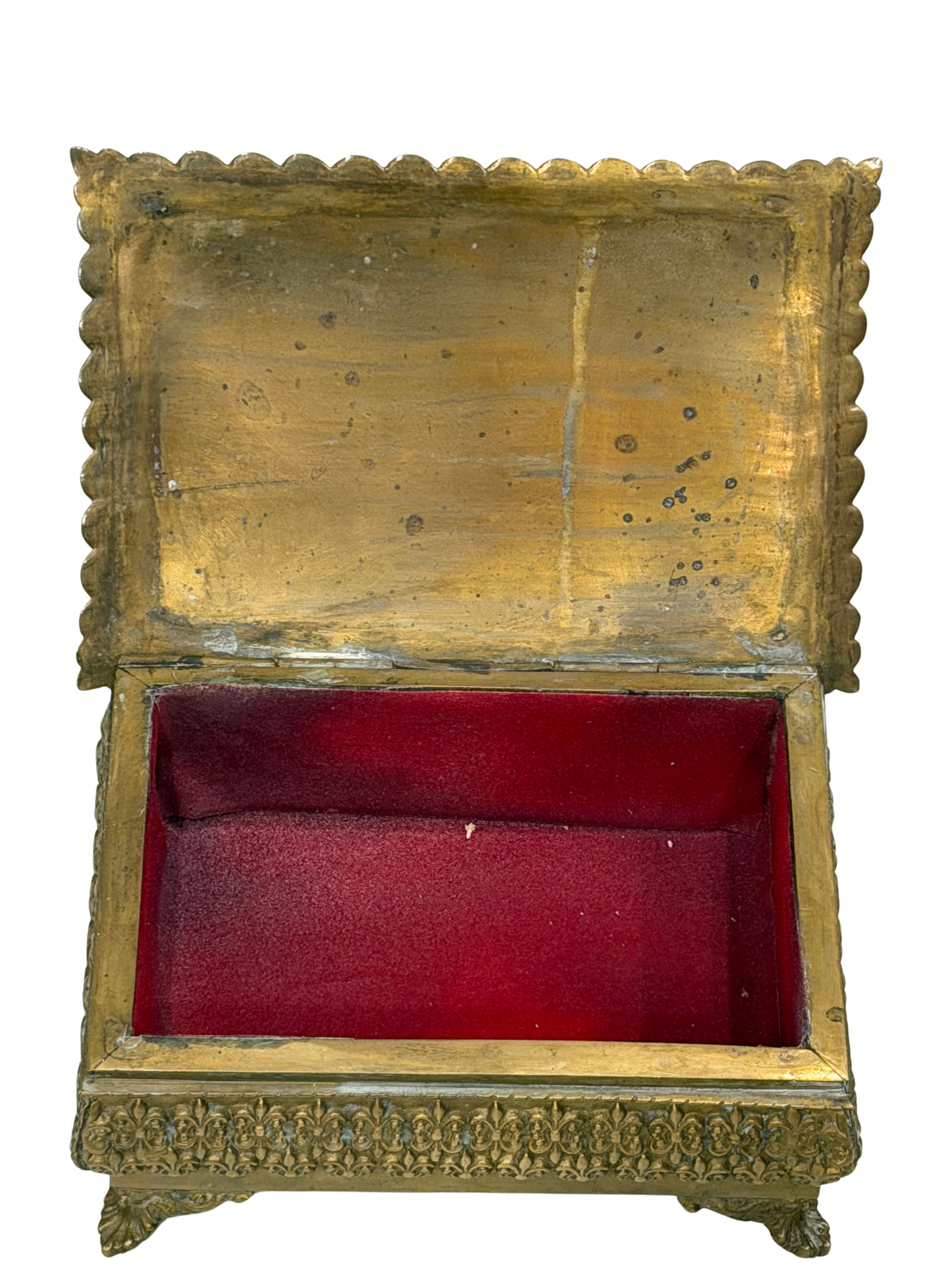Antique Repoussé Brass Footed Box with Red Velvet Interior