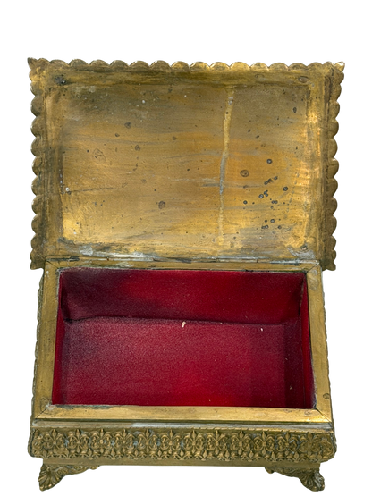 Antique Repoussé Brass Footed Box with Red Velvet Interior
