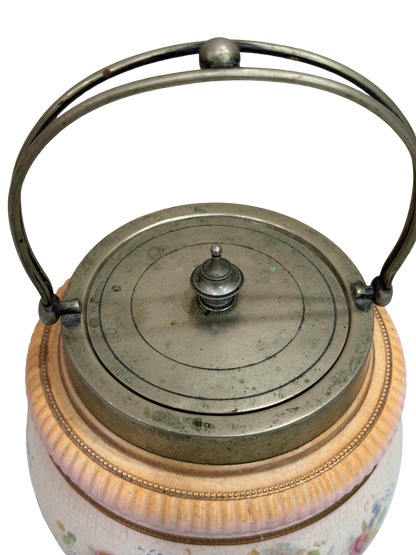 William Wood and Co. Hand-Painted Floral Biscuit Barrel with EPNS Mounts