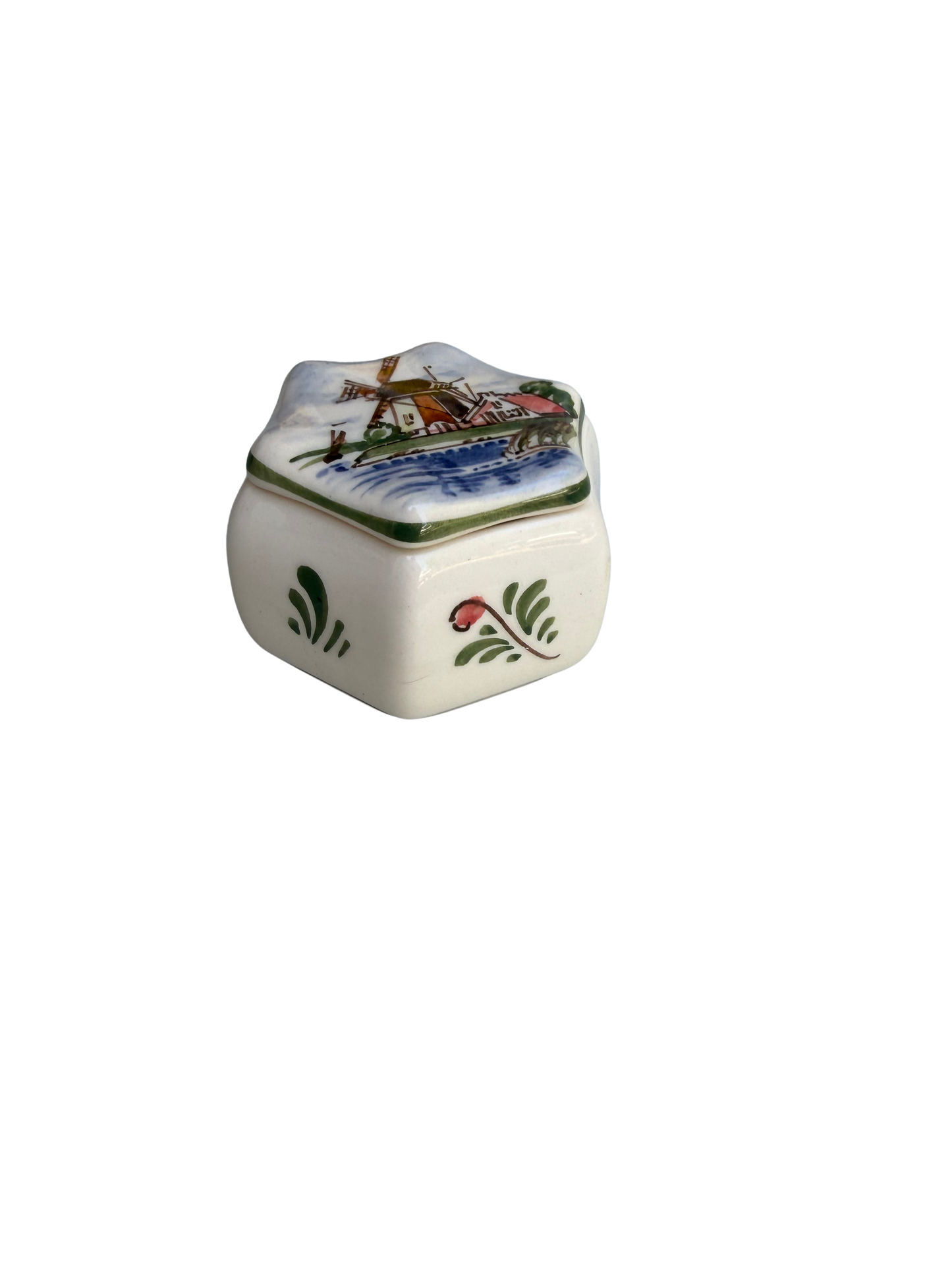 Vintage Dutch Hand-Painted Delft-Style Windmill Trinket Box, Mid-20th Century