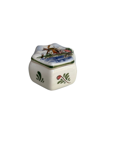 Vintage Dutch Hand-Painted Delft-Style Windmill Trinket Box, Mid-20th Century