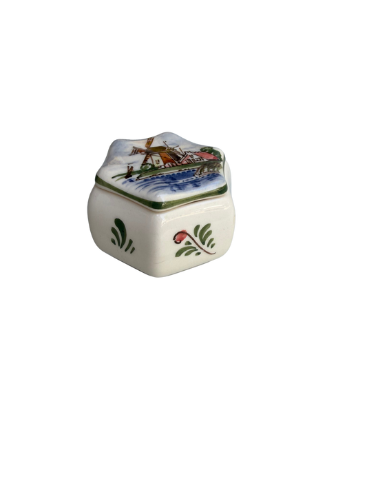 Vintage Dutch Hand-Painted Delft-Style Windmill Trinket Box, Mid-20th Century
