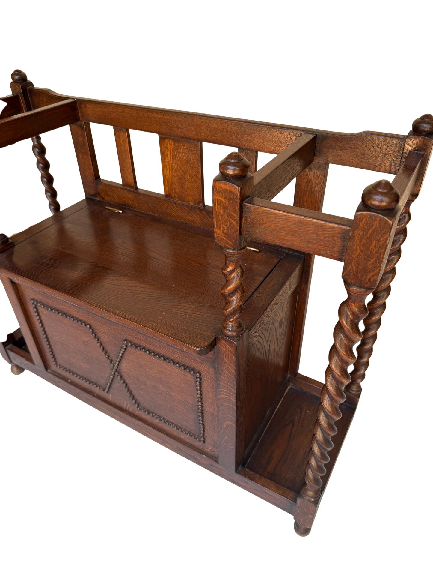 English Jacobean Style Carved Oak Barley Twist Hall Bench