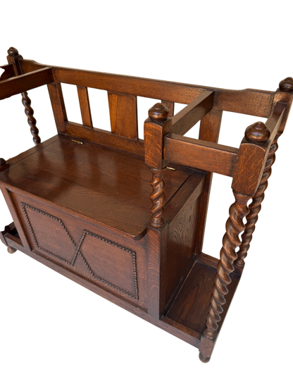 English Jacobean Style Carved Oak Barley Twist Hall Bench