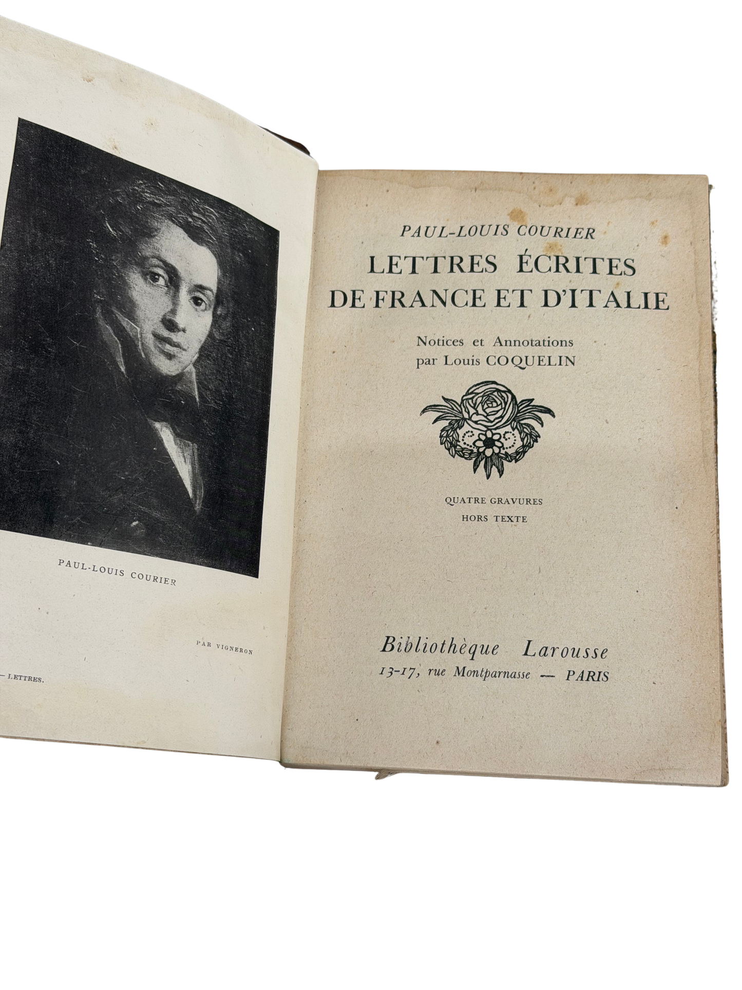 Antique French Paul-Louis Courier Lettres écrites de France et d’Italie — Bibliothèque Larousse, Decorative Gilt Binding