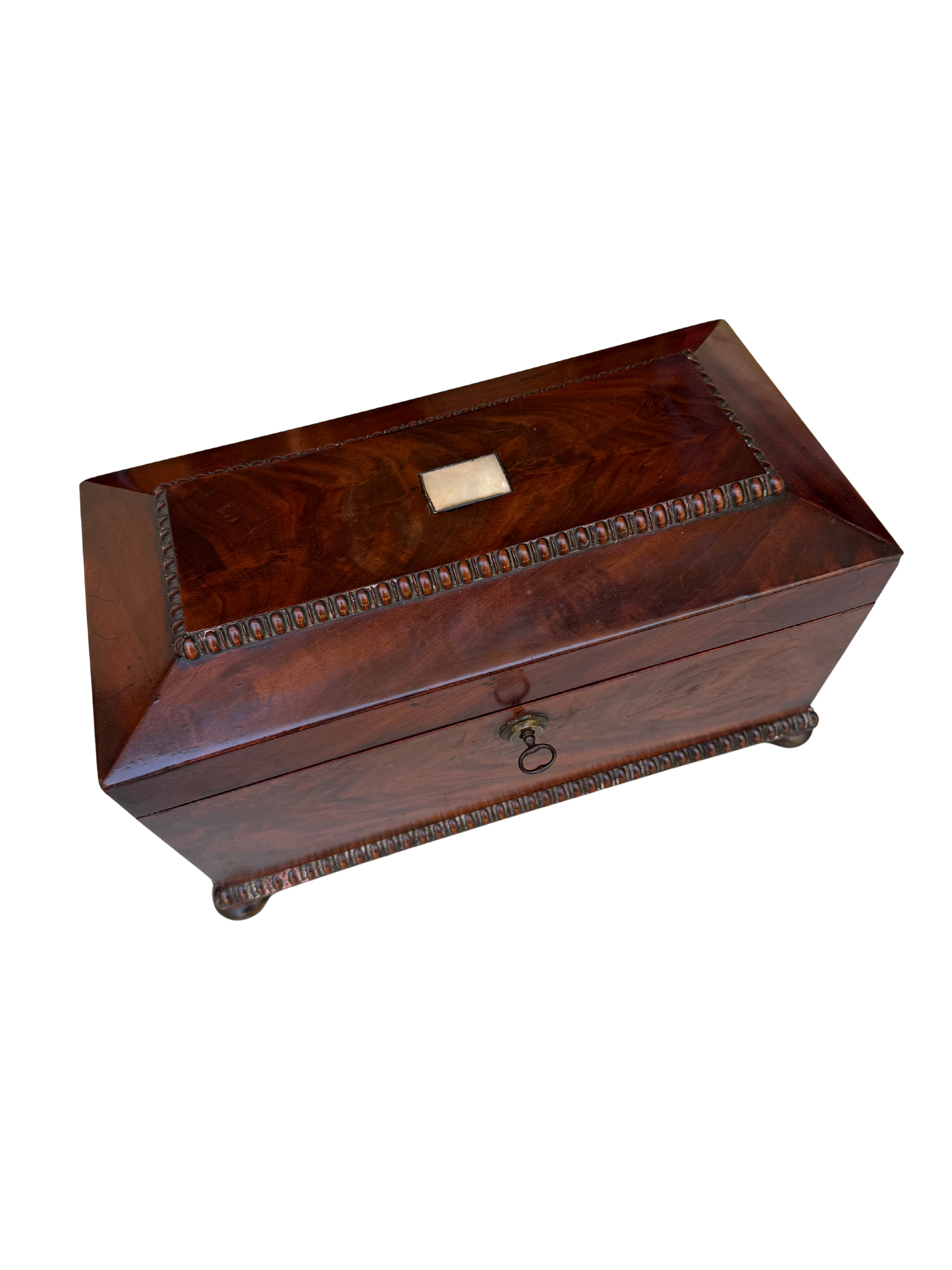 English Regency Figured Mahogany and Mother-of-Pearl Sarcophagus Tea Caddy with Cut Crystal Mixing Bowl