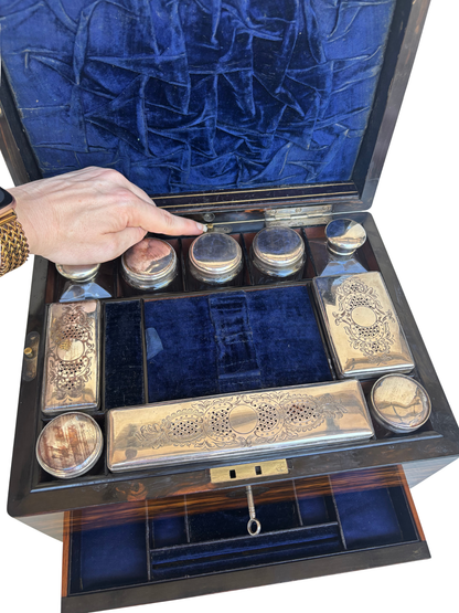 Fine Victorian Burled Walnut Vanity / Dressing Case with Silverplate Fittings, Secret Compartments, Hidden Documents, and Engraved Cartouche Dated 1891