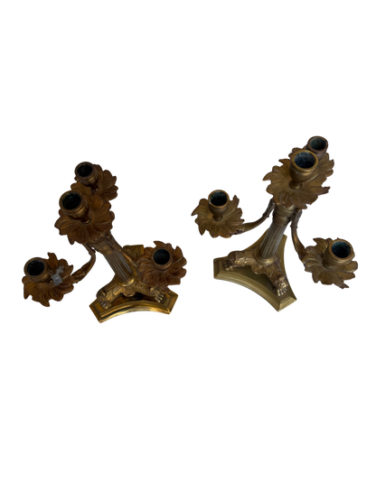 Pair of Antique French Bronze Four-Light Candelabra with Paw Feet and Foliate Arms