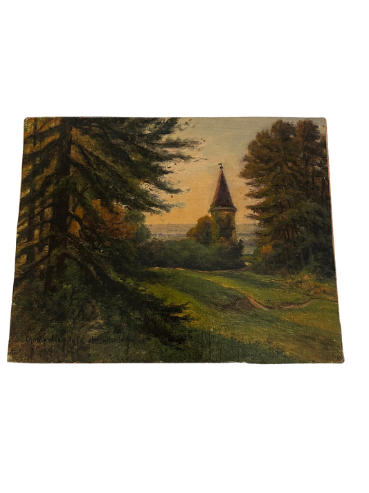 Oil on Canvas on Board Landscape Painting of Chateau Polin in Varzy (Signed JM Berthot; 1950)