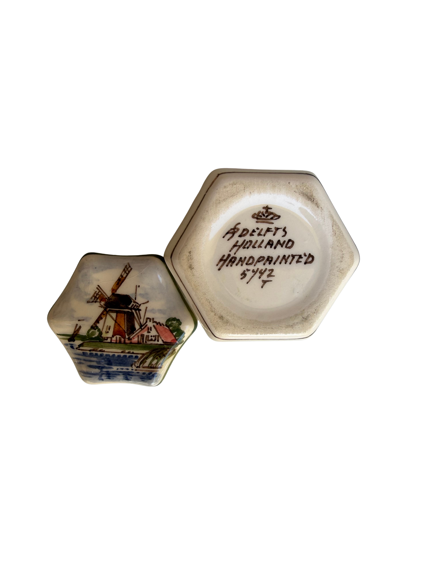 Vintage Dutch Hand-Painted Delft-Style Windmill Trinket Box, Mid-20th Century