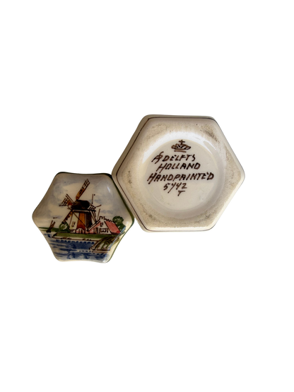 Vintage Dutch Hand-Painted Delft-Style Windmill Trinket Box, Mid-20th Century