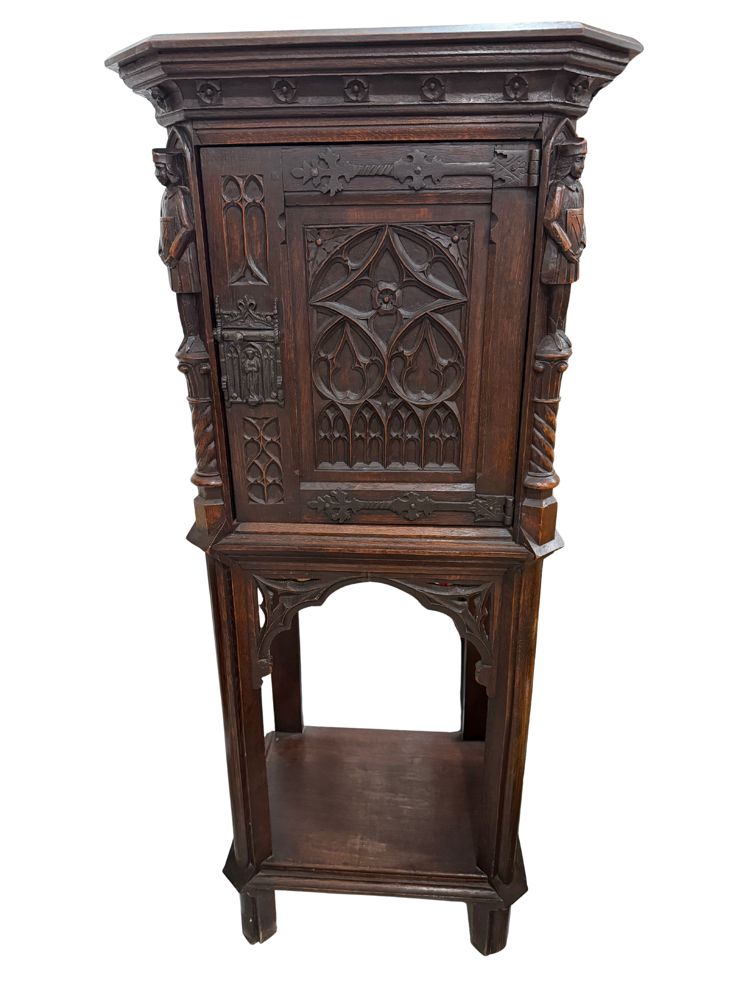 Late 19th Century Gothic Revival Carved Oak Cabinet with Figural Supports
