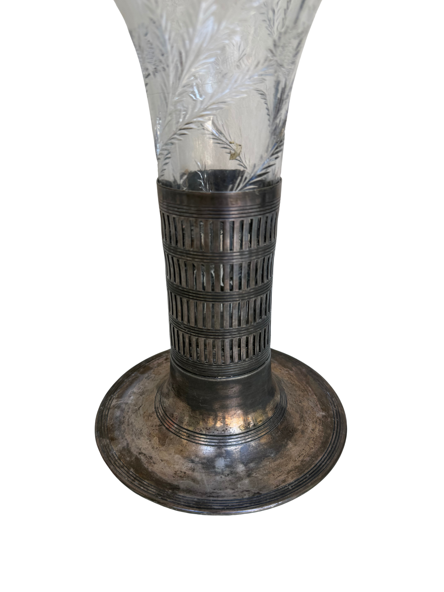 Antique Forbes Silver Co. Silverplate & Etched Glass Trumpet Vase, Circa 1895–1915