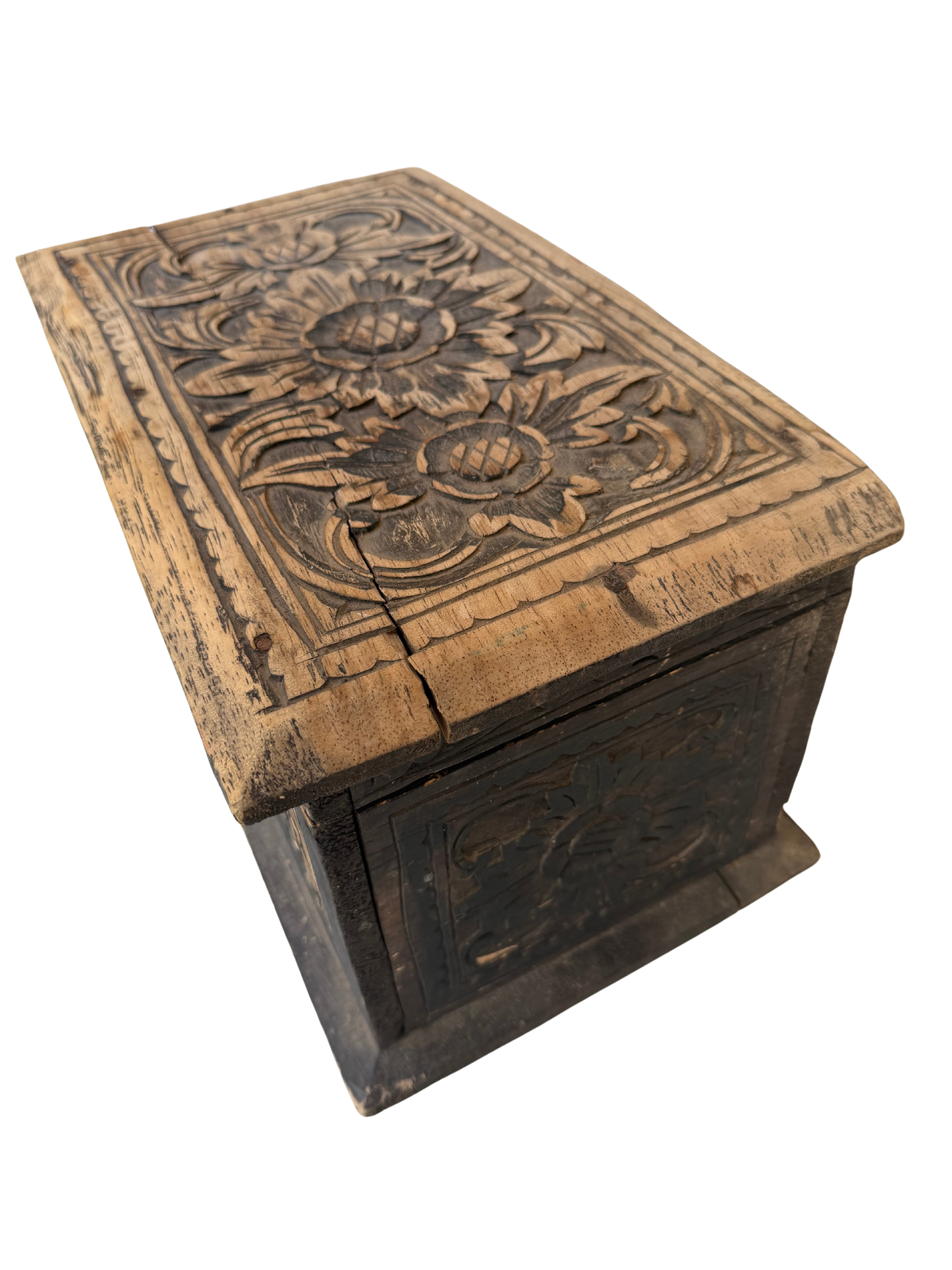 Vintage Indian/Folk Art Hand-Carved Floral Wood Storage Chest with Distressed Ebonized Finish