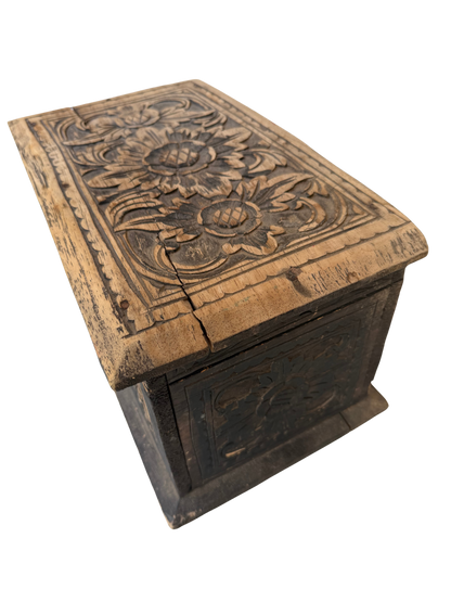 Vintage Indian/Folk Art Hand-Carved Floral Wood Storage Chest with Distressed Ebonized Finish