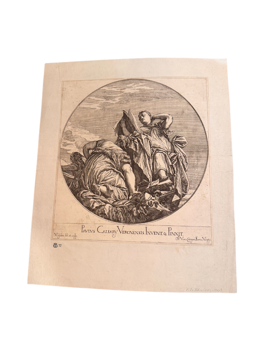 Old Master Engraving after Paolo Veronese — Allegorical Classical Scene (Circular Composition)