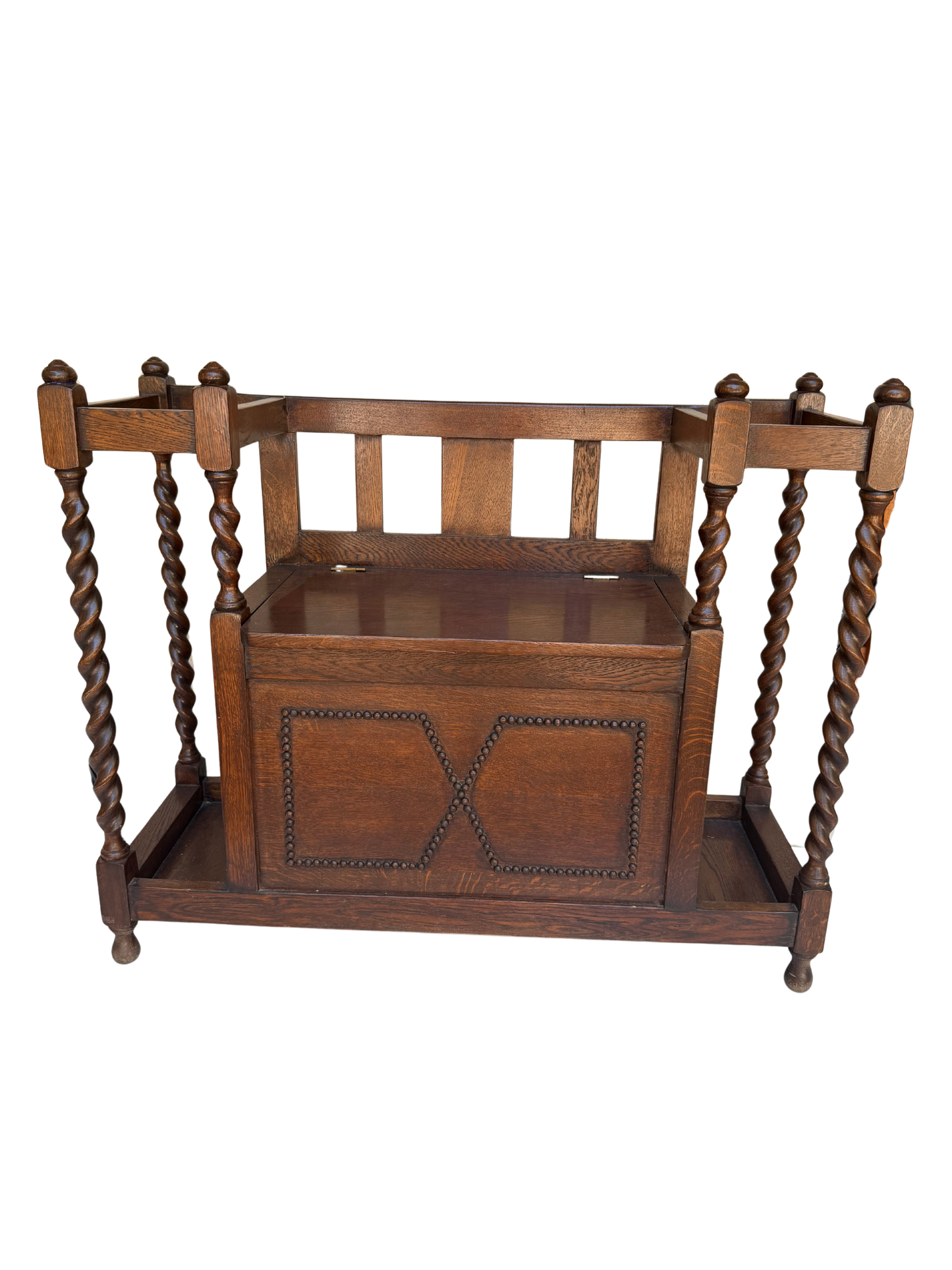 English Jacobean Style Carved Oak Barley Twist Hall Bench