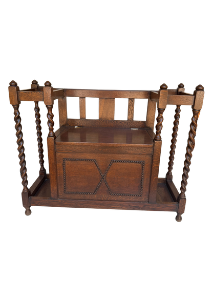 English Jacobean Style Carved Oak Barley Twist Hall Bench
