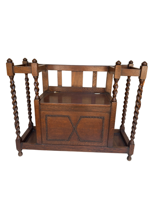 English Jacobean Style Carved Oak Barley Twist Hall Bench
