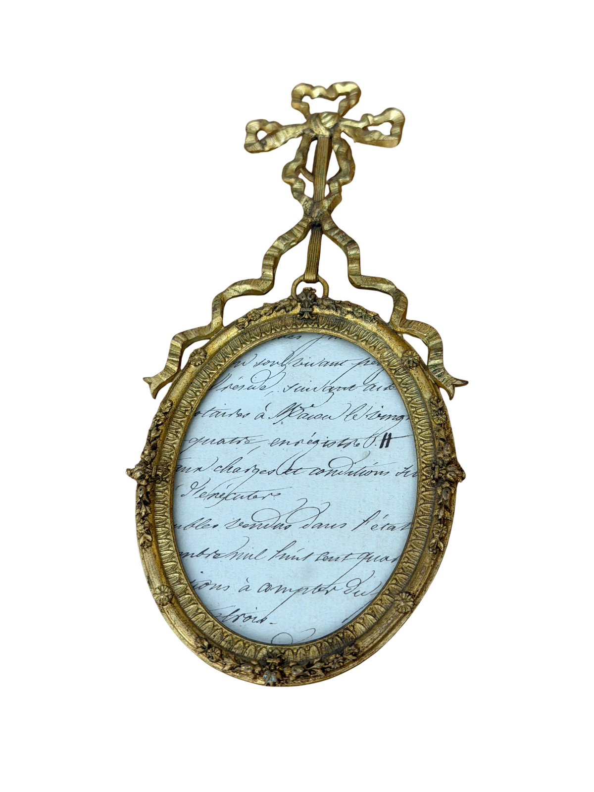 19th Century French Brass Louis XVI Revival Ribbon Frame with Antique Manuscript