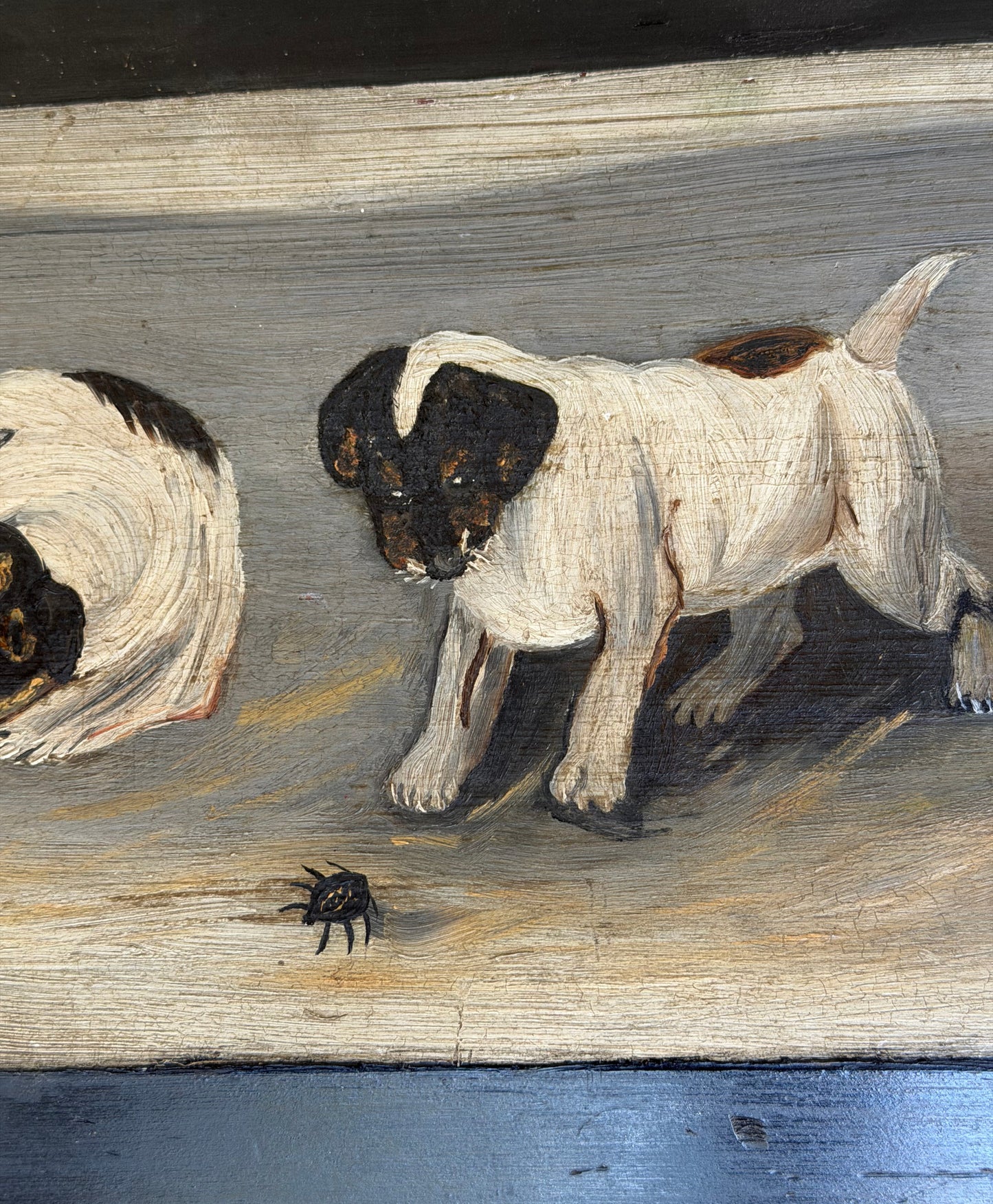 Antique 1896 Folk Art Terrier Puppies Oil Painting on Wood Panel, Signed “Pete”