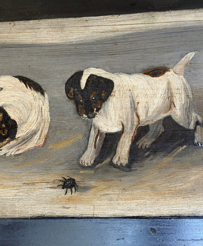 Antique 1896 Folk Art Terrier Puppies Oil Painting on Wood Panel, Signed “Pete”