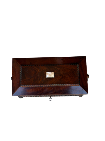 English Regency Figured Mahogany and Mother-of-Pearl Sarcophagus Tea Caddy with Cut Crystal Mixing Bowl