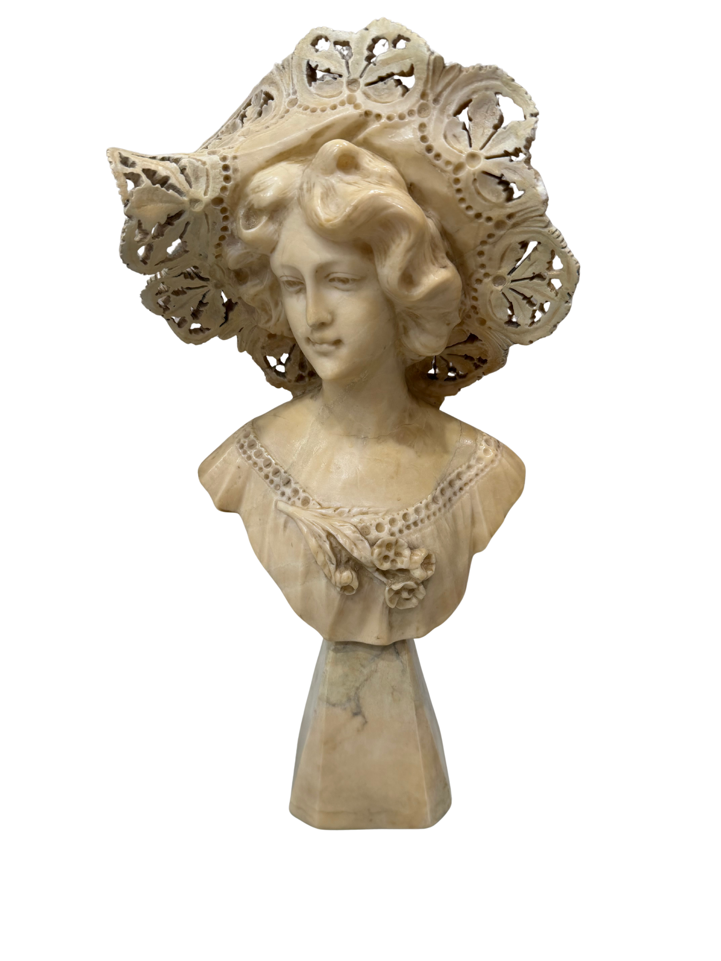 Vintage French-Style Alabaster Composite Maiden Bust with Pierced Lace Bonnet Mid to Late 20th Century