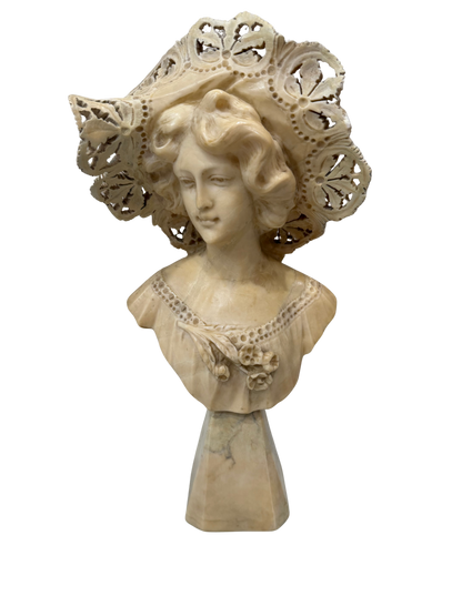 Vintage French-Style Alabaster Composite Maiden Bust with Pierced Lace Bonnet Mid to Late 20th Century