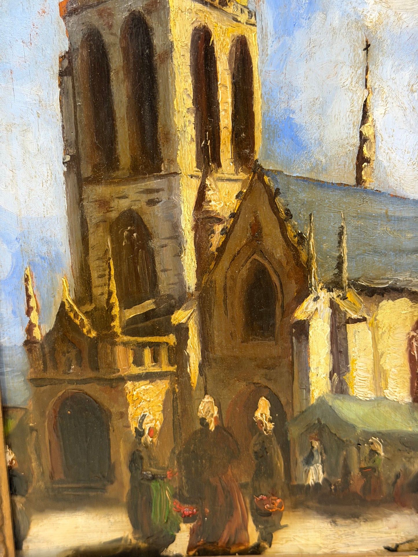 19th Century French School Oil Painting of Breton Church Scene, Monogrammed “LV”