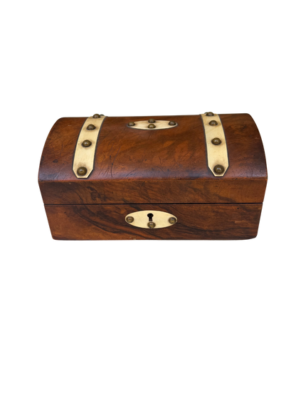 English Walnut Domed Jewelry Box with Bone Escutcheons and SIlk-Lined Interior