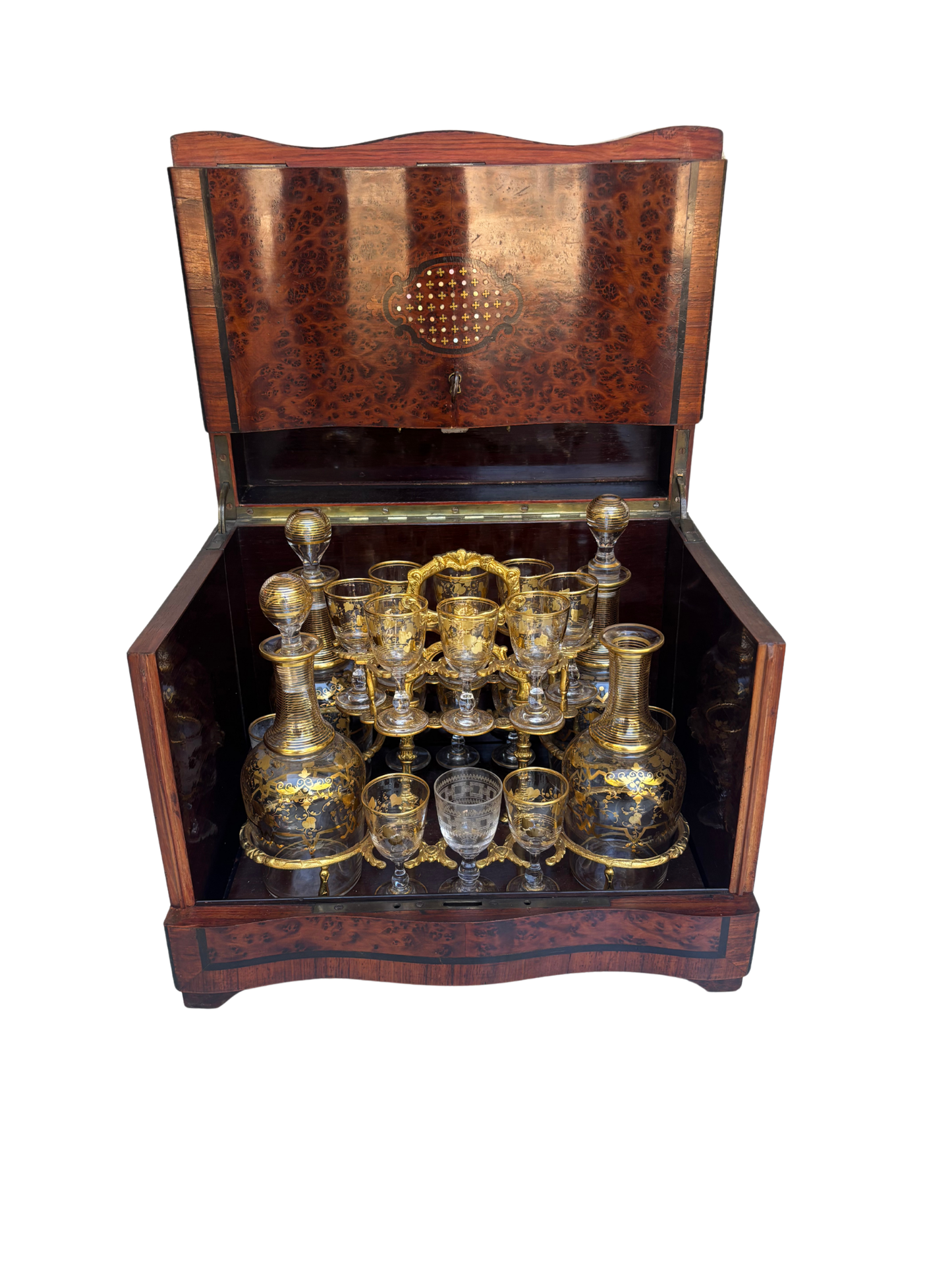 Exceptional Napoleon III Burlwood Cave à Liqueur with Gilded Glass Service and Decanters