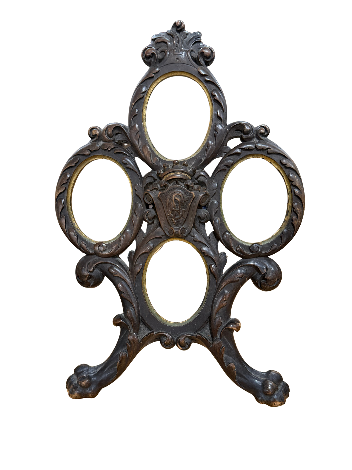 Black Forest Carved Wood Frame with Crown Monogram and Four Ovals
