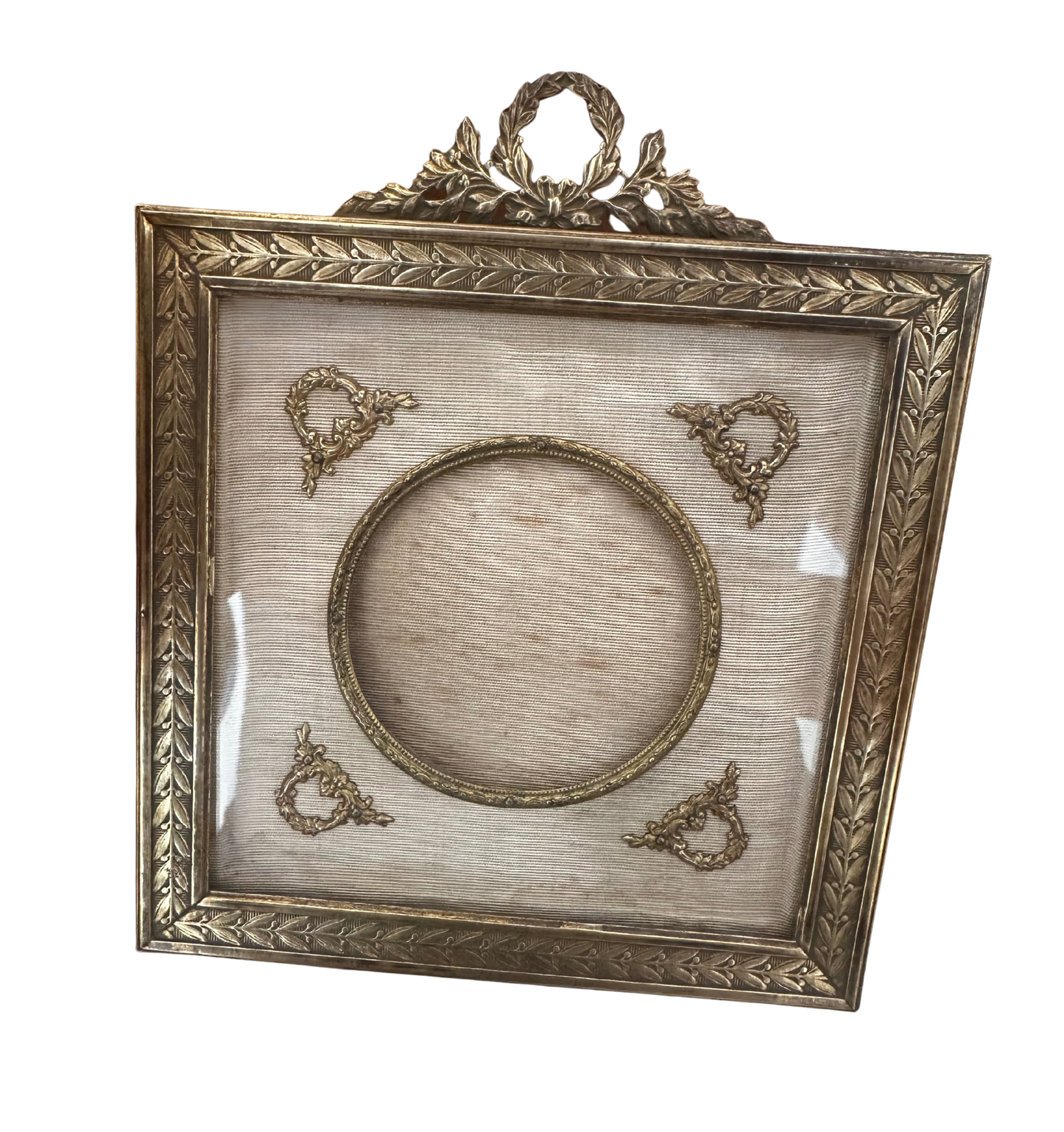 Late 19th to Early 20th C French Ormolu and Silk Portrait Frame with Laurel Leaf Garlands and Wreaths (c. 1880-1910)