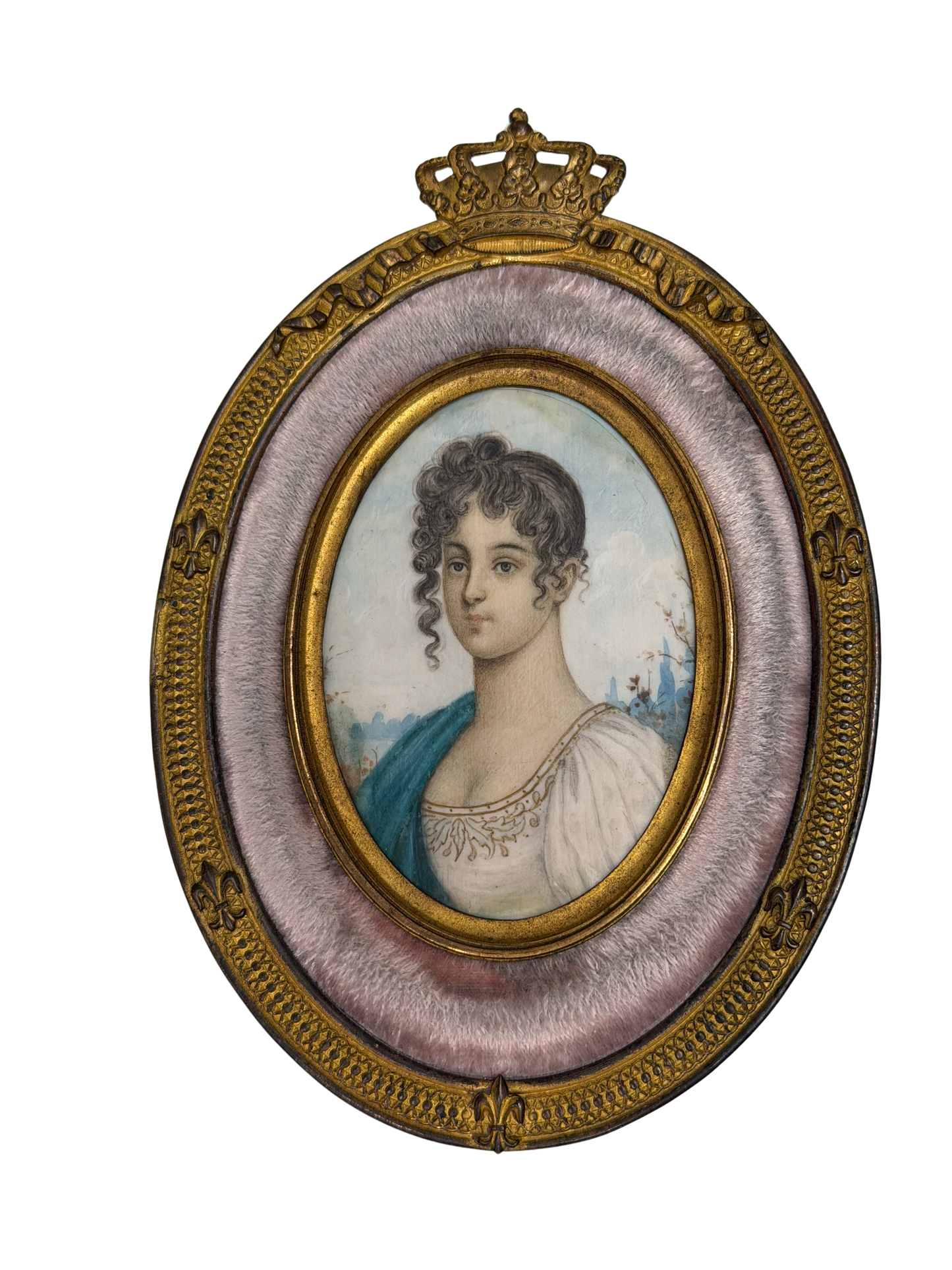 Portrait Miniature Likely Depicting Wilhelmine Herzlieb on Mother-of-Pearl in Crowned Gilt Brass Frame