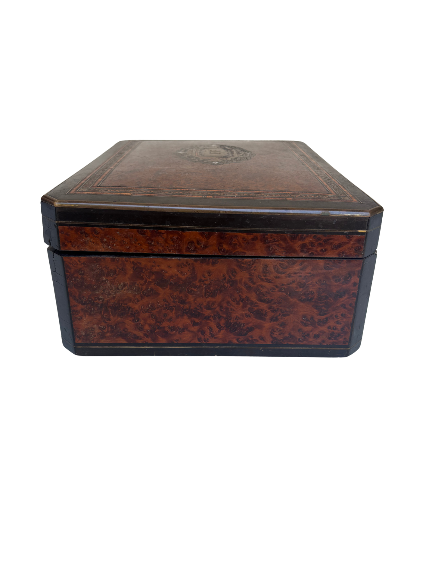 Victorian Burl Walnut and Ebonized Jewelry / Scarf Box with Tufted Satin Interior