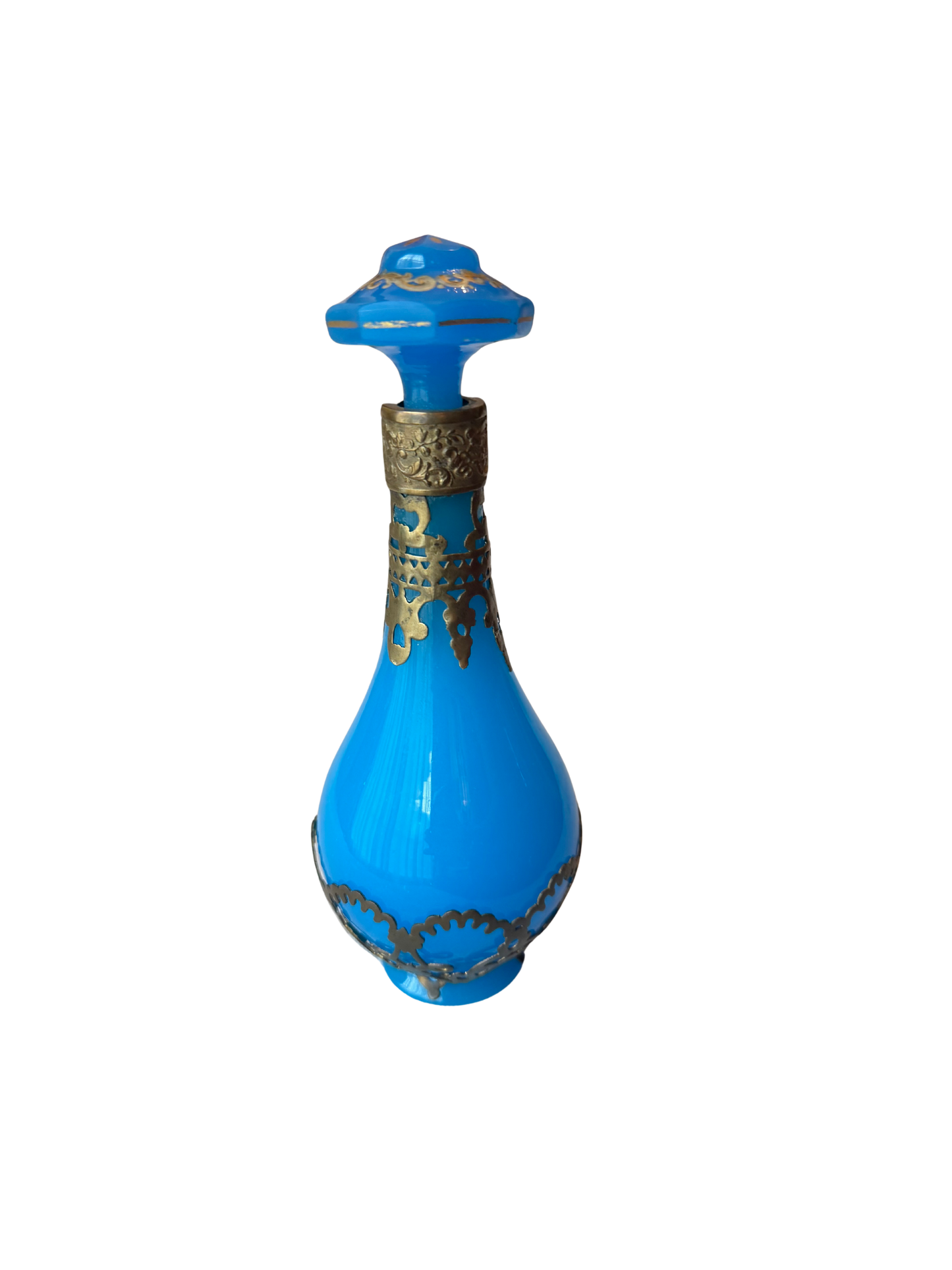 Blue Opaline Perfume Bottle with Gold Caging and Gold Painting