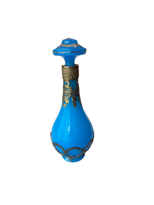 Blue Opaline Perfume Bottle with Gold Caging and Gold Painting