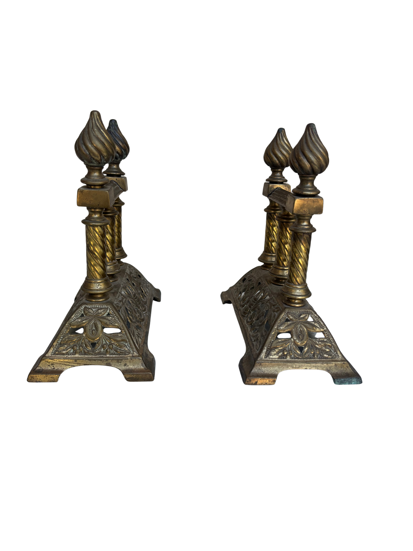 Pair of English Victorian Cast Brass Fireplace Firedogs with Flame Finials, Circa 1880–1900